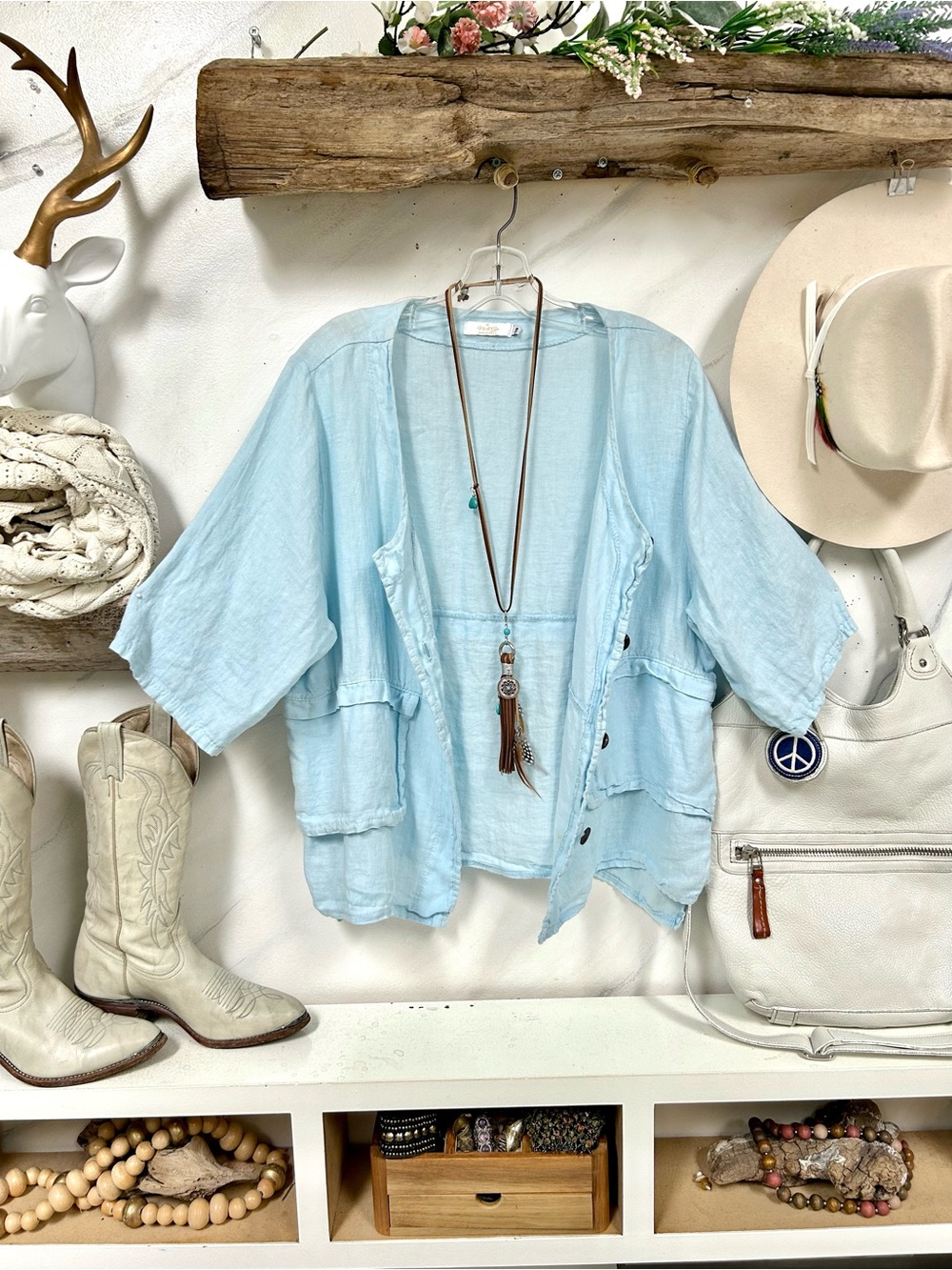 Italian LINEN Light Blue Linen Open-Front Women's Top/cover up resort vacay vibe